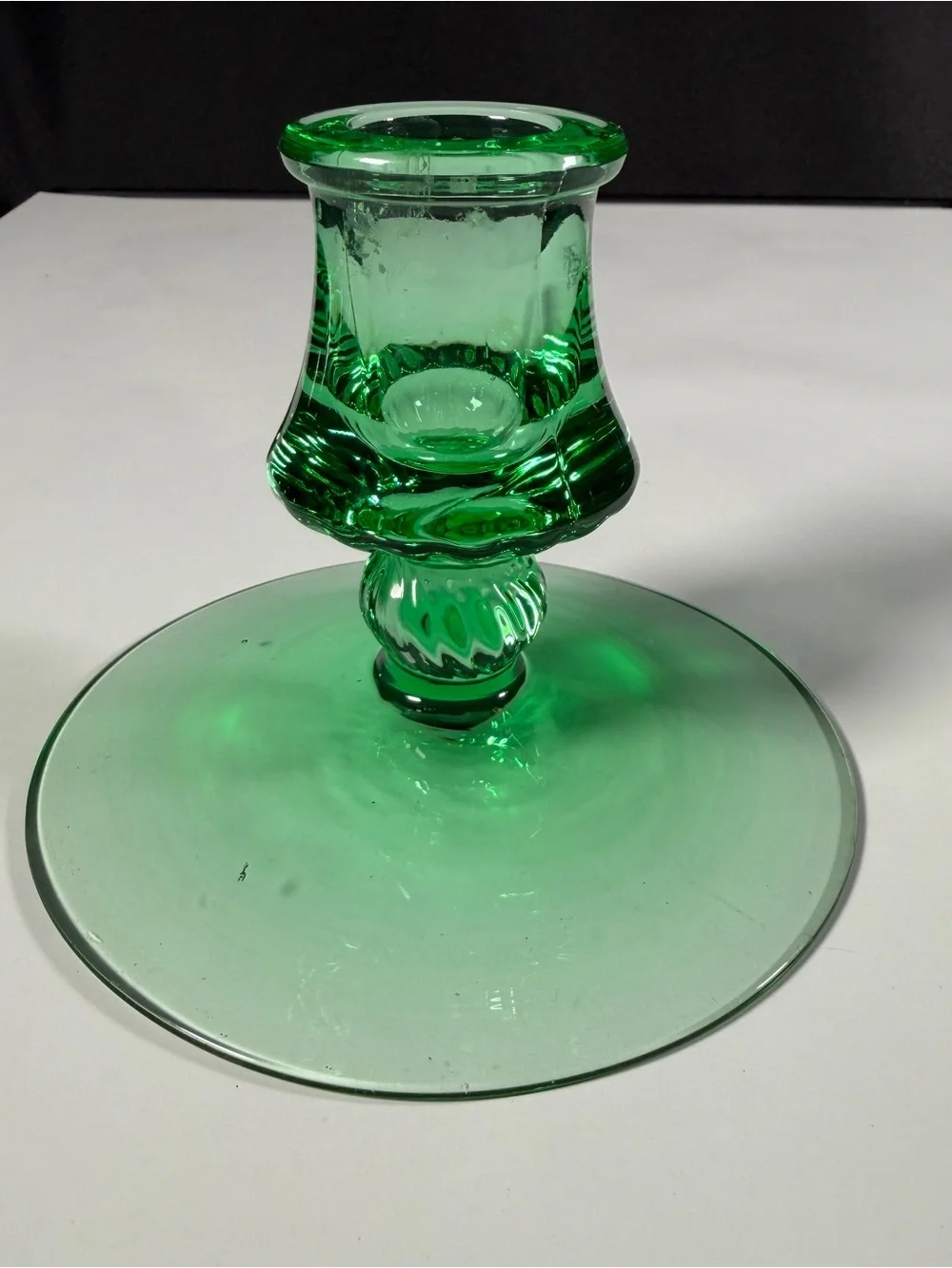 Mismatched Fostoria pair of Green Glass Candle Holders, one etched glows,